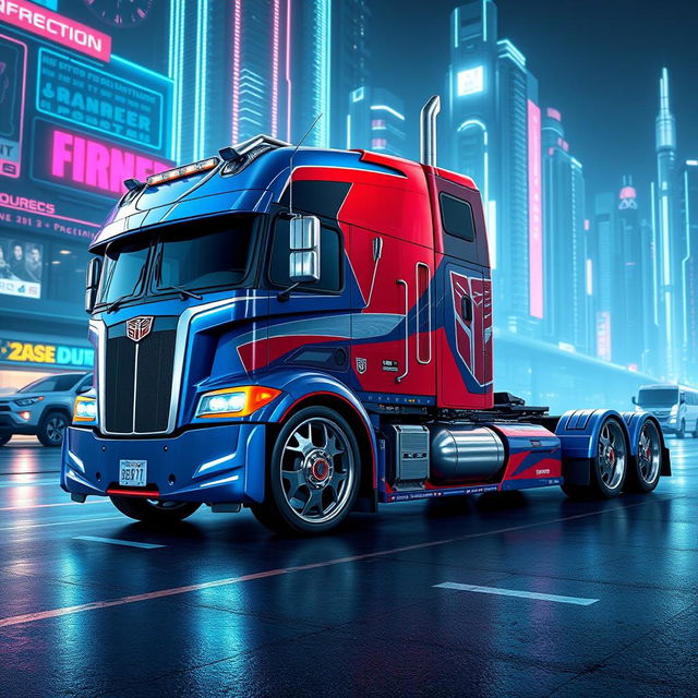 A highly detailed concept art of a futuristic 2026 Optimus Prime semi-truck, featuring custom cutting-edge rims and wheels that showcase advanced technology and design