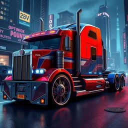 A highly detailed concept art of a futuristic 2026 Optimus Prime semi-truck, featuring custom cutting-edge rims and wheels that showcase advanced technology and design