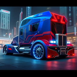 A highly detailed concept art of a futuristic 2026 Optimus Prime semi-truck, featuring custom cutting-edge rims and wheels that showcase advanced technology and design
