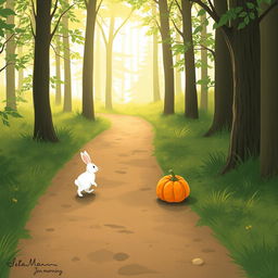 In the early morning, a serene forest path is depicted with soft sunlight filtering through the trees