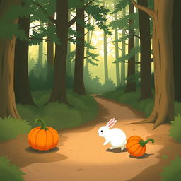 In the early morning, a serene forest path is depicted with soft sunlight filtering through the trees