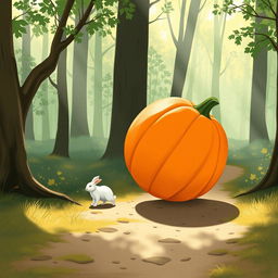 In a tranquil morning setting along a forest path, a small white rabbit is walking behind a large pumpkin that is rolling sideways, tilted slightly upwards