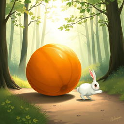In a tranquil morning setting along a forest path, a small white rabbit is walking behind a large pumpkin that is rolling sideways, tilted slightly upwards
