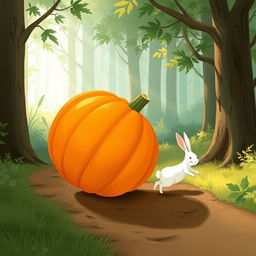 In a tranquil morning setting along a forest path, a small white rabbit is walking behind a large pumpkin that is rolling sideways, tilted slightly upwards