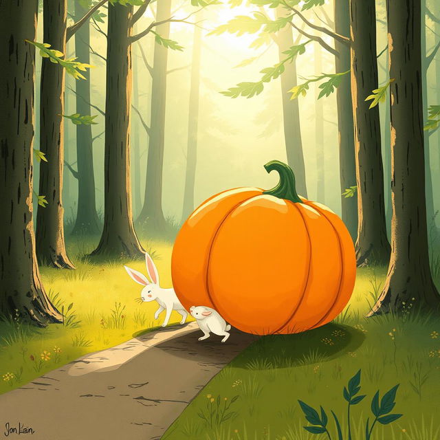 In a tranquil morning setting along a forest path, a small white rabbit is walking behind a large pumpkin that is rolling sideways, tilted slightly upwards