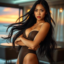 A stunning Asian woman posed elegantly in an alluring and confident manner, showcasing her beauty and charisma