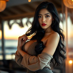 A stunning Asian woman posed elegantly in an alluring and confident manner, showcasing her beauty and charisma