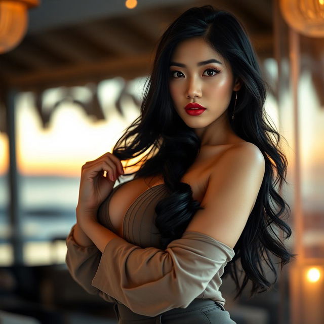 A stunning Asian woman posed elegantly in an alluring and confident manner, showcasing her beauty and charisma