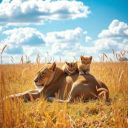A majestic lioness lounging in the savanna, with a playful little cat resting comfortably on her back