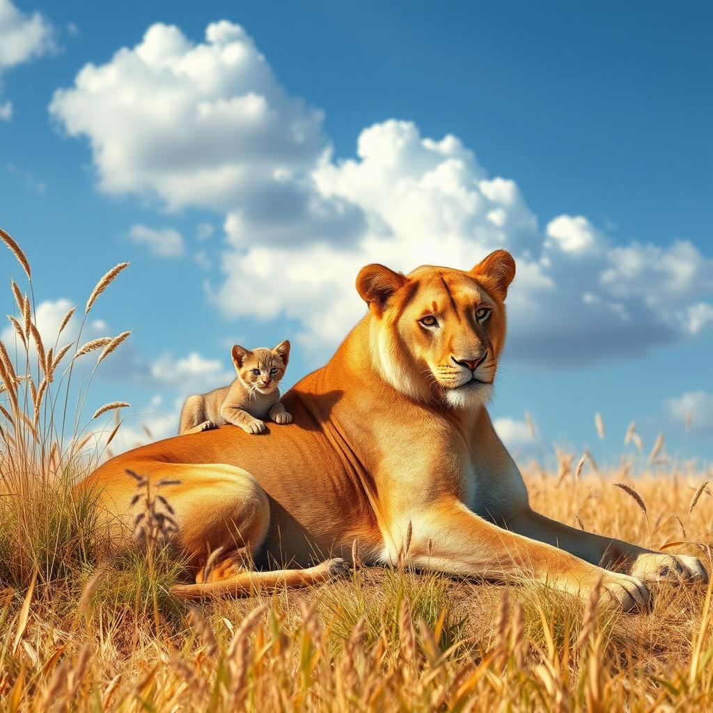 A majestic lioness lounging in the savanna, with a playful little cat resting comfortably on her back