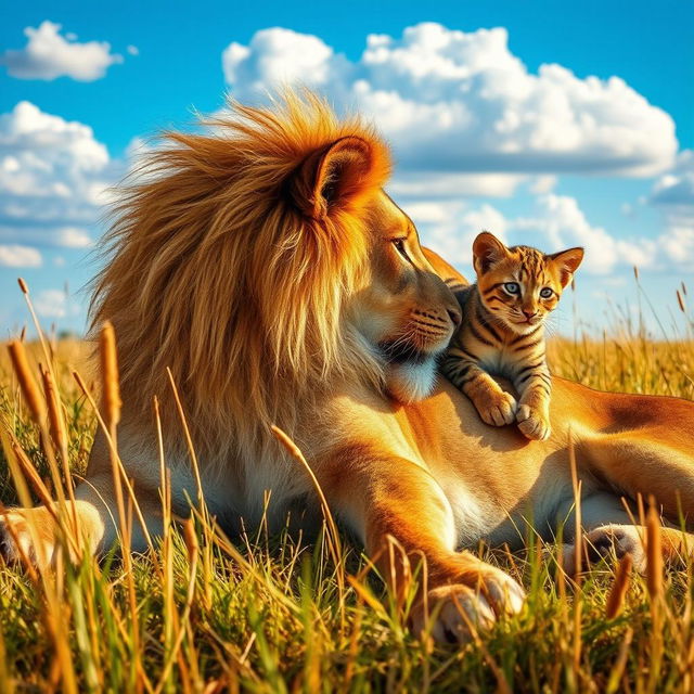 A majestic lioness lounging in the savanna, with a playful little cat resting comfortably on her back