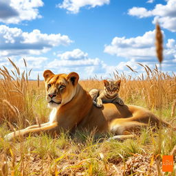 A majestic lioness lounging in the savanna, with a playful little cat resting comfortably on her back