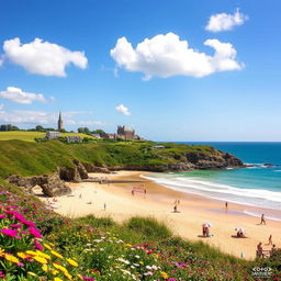 A vibrant and picturesque scene of a beautiful summer day on the island of Jersey, showcasing its stunning coastline and turquoise waters