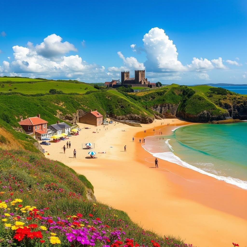 A vibrant and picturesque scene of a beautiful summer day on the island of Jersey, showcasing its stunning coastline and turquoise waters