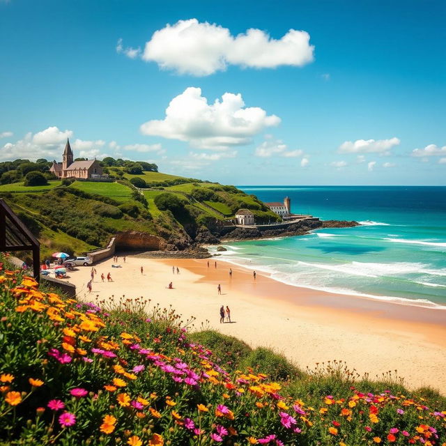 A vibrant and picturesque scene of a beautiful summer day on the island of Jersey, showcasing its stunning coastline and turquoise waters