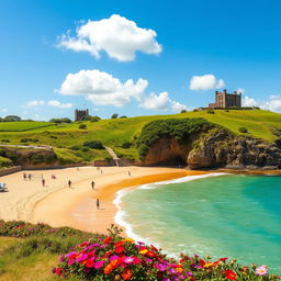 A vibrant and picturesque scene of a beautiful summer day on the island of Jersey, showcasing its stunning coastline and turquoise waters
