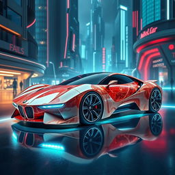 An imaginative image of a futuristic M635 CSL car, conceptualized for the year 2040 and crafted entirely from steaks, creating a unique and surreal appearance