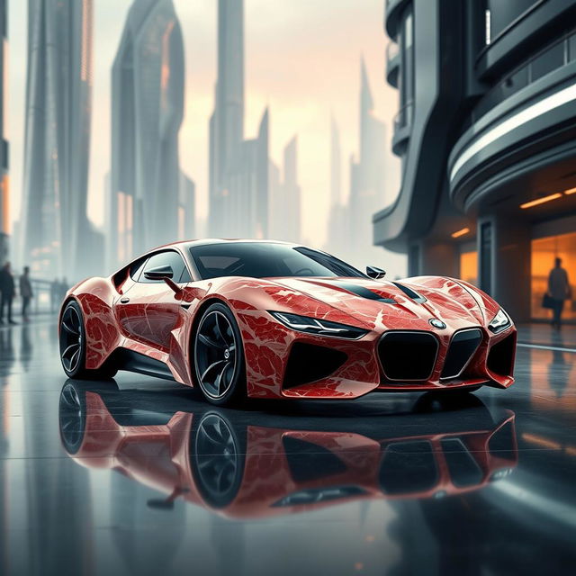 An imaginative image of a futuristic M635 CSL car, conceptualized for the year 2040 and crafted entirely from steaks, creating a unique and surreal appearance