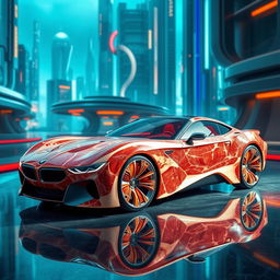 An imaginative image of a futuristic M635 CSL car, conceptualized for the year 2040 and crafted entirely from steaks, creating a unique and surreal appearance