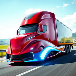 A futuristic red-blue semi truck concept for the year 2026, showcasing an aerodynamic design with sleek curves and innovative detailing