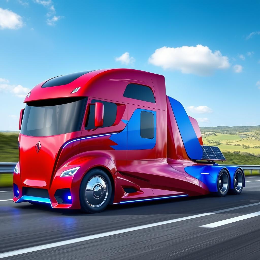 A futuristic red-blue semi truck concept for the year 2026, showcasing an aerodynamic design with sleek curves and innovative detailing