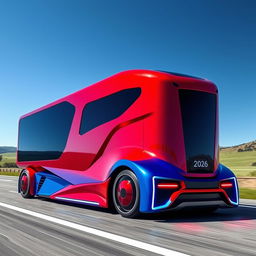 A futuristic red-blue semi truck concept for the year 2026, showcasing an aerodynamic design with sleek curves and innovative detailing