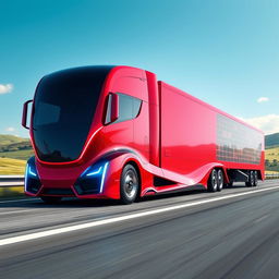 A futuristic red-blue semi truck concept for the year 2026, showcasing an aerodynamic design with sleek curves and innovative detailing