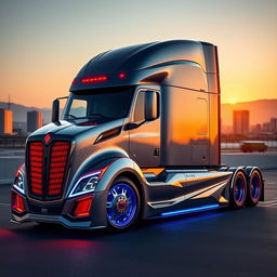 A sleek, cutting-edge semi-truck with an aerodynamic design, featuring vibrant red and blue rims that stand out against the metallic silver body