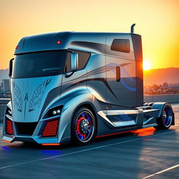 A sleek, cutting-edge semi-truck with an aerodynamic design, featuring vibrant red and blue rims that stand out against the metallic silver body