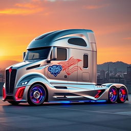 A sleek, cutting-edge semi-truck with an aerodynamic design, featuring vibrant red and blue rims that stand out against the metallic silver body
