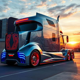 A sleek, cutting-edge semi-truck with an aerodynamic design, featuring vibrant red and blue rims that stand out against the metallic silver body
