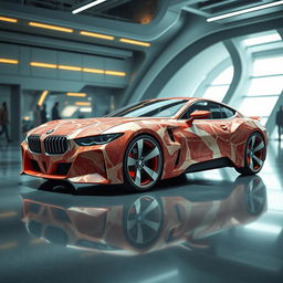 A surreal and imaginative image of a futuristic BMW M635 CSL car, conceptualized for the year 2040, designed entirely from steaks and flesh, creating a strikingly unique appearance