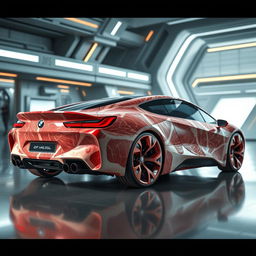 A surreal and imaginative image of a futuristic BMW M635 CSL car, conceptualized for the year 2040, designed entirely from steaks and flesh, creating a strikingly unique appearance