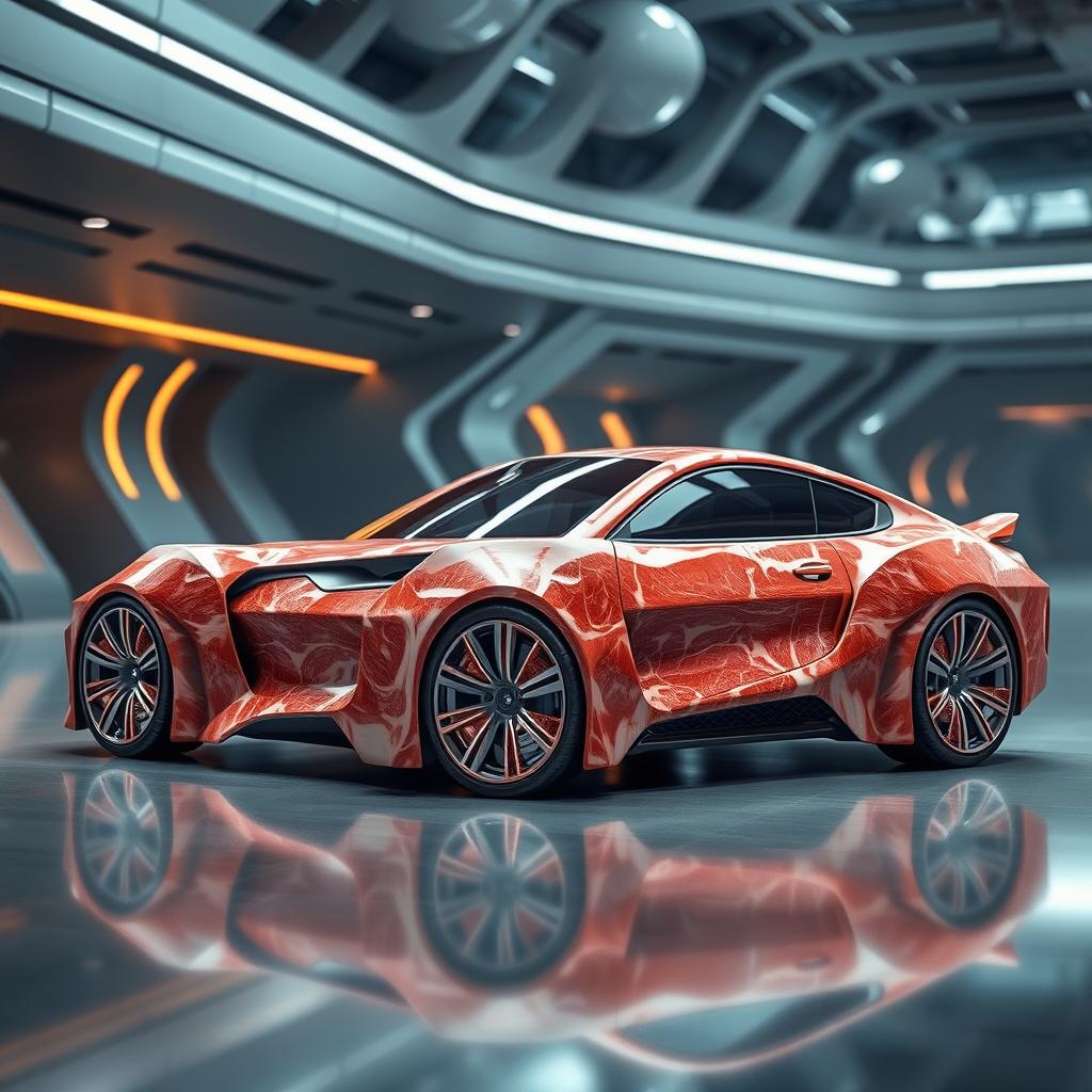 A surreal and imaginative image of a futuristic BMW M635 CSL car, conceptualized for the year 2040, designed entirely from steaks and flesh, creating a strikingly unique appearance