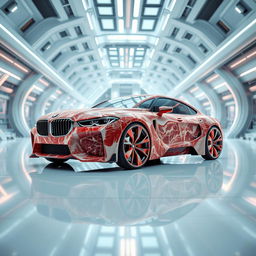 A surreal and imaginative image of a futuristic BMW M635 CSL car, conceptualized for the year 2040, designed entirely from steaks and flesh, creating a strikingly unique appearance