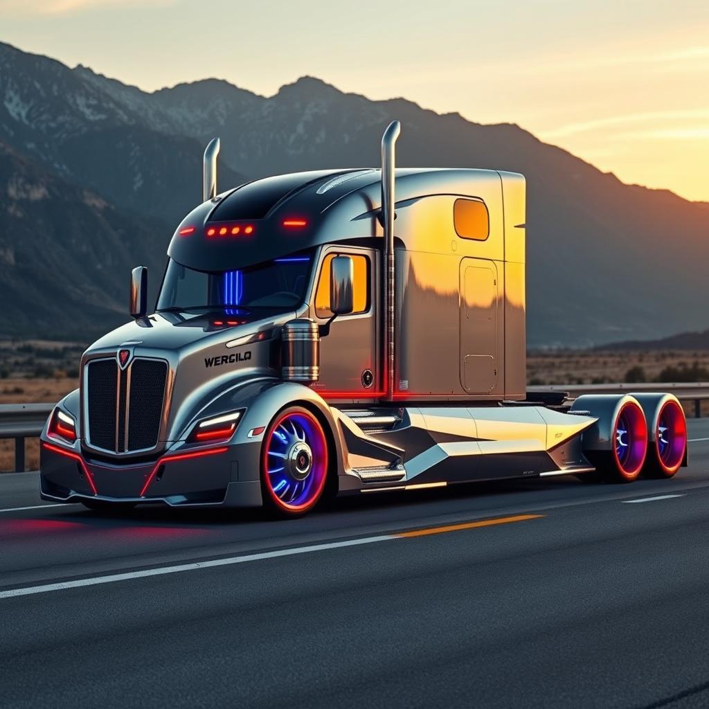 A custom cutting-edge semi-truck, showcasing striking red and blue rim wheels