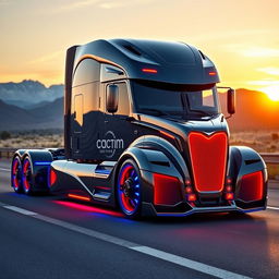 A custom cutting-edge semi-truck, showcasing striking red and blue rim wheels