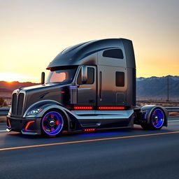 A custom cutting-edge semi-truck, showcasing striking red and blue rim wheels