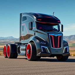 A visually striking and dynamic concept design of a 2024 semi-truck featuring bold red and blue rims