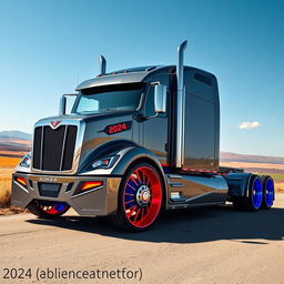 A visually striking and dynamic concept design of a 2024 semi-truck featuring bold red and blue rims