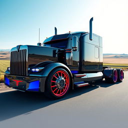 A visually striking and dynamic concept design of a 2024 semi-truck featuring bold red and blue rims