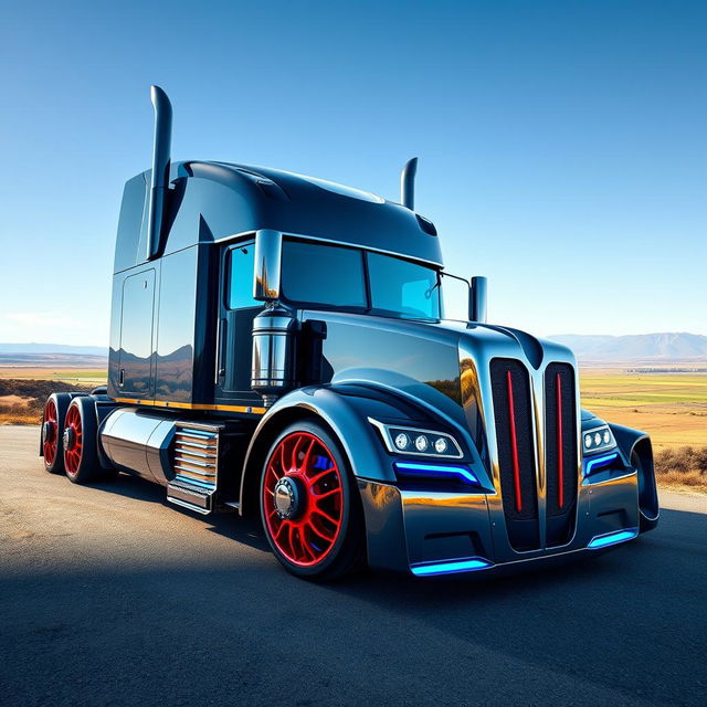 A visually striking and dynamic concept design of a 2024 semi-truck featuring bold red and blue rims