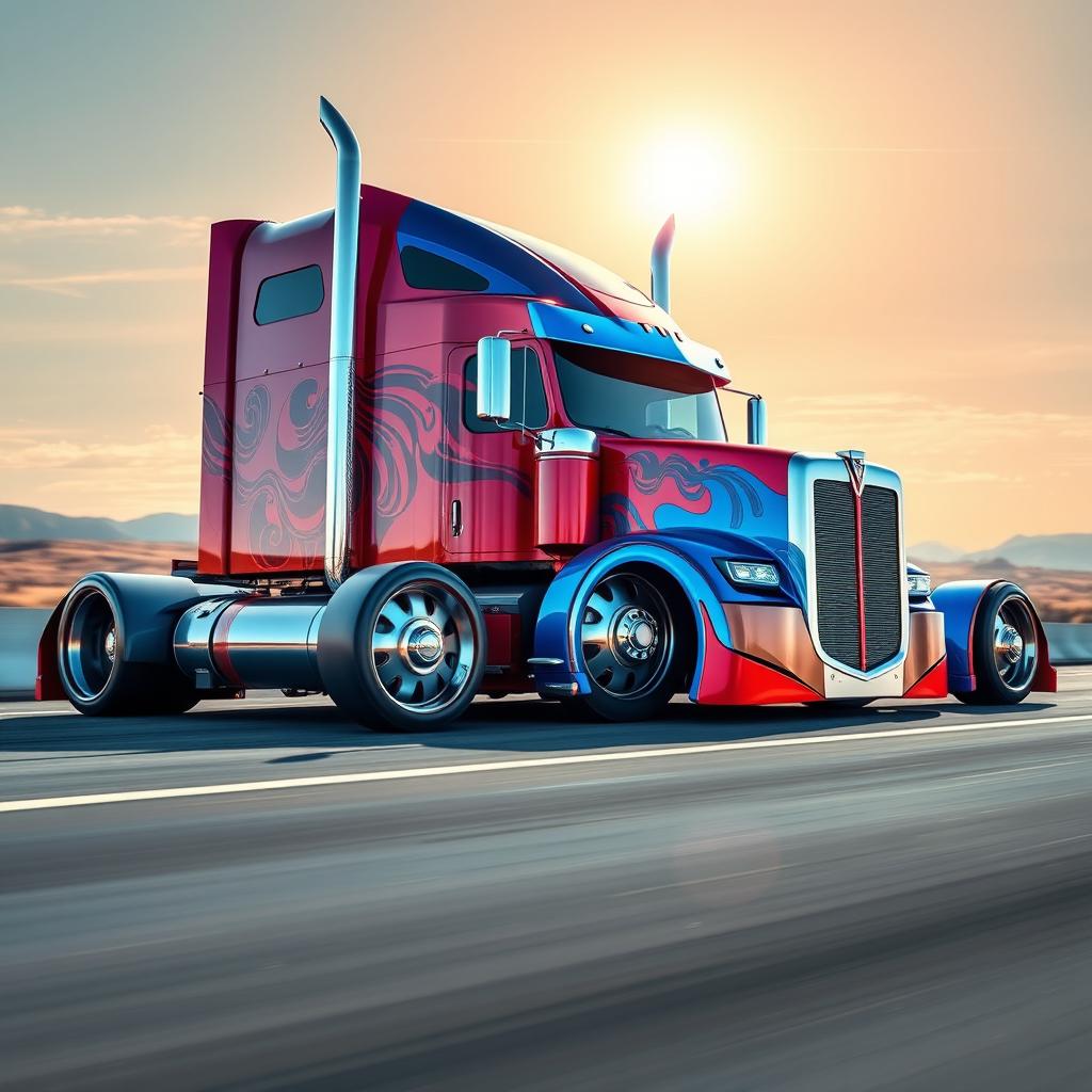 A stunning and bold depiction of a cutting-edge custom semi-truck, featuring vibrant red and blue color schemes