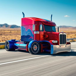A stunning and bold depiction of a cutting-edge custom semi-truck, featuring vibrant red and blue color schemes