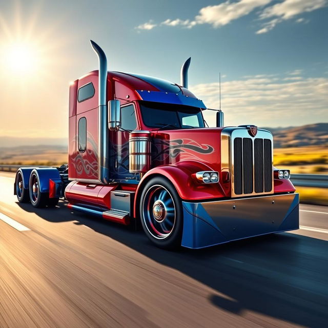 A stunning and bold depiction of a cutting-edge custom semi-truck, featuring vibrant red and blue color schemes