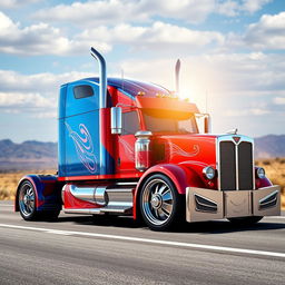A stunning and bold depiction of a cutting-edge custom semi-truck, featuring vibrant red and blue color schemes
