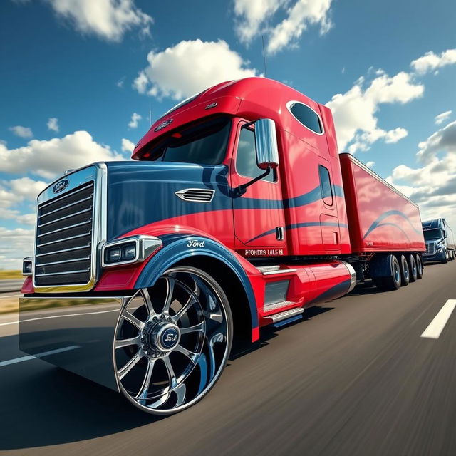 A cutting-edge semi-truck featuring custom-made Ford rims and wheels