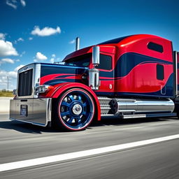 A cutting-edge semi-truck featuring custom-made Ford rims and wheels