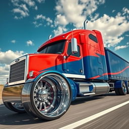 A cutting-edge semi-truck featuring custom-made Ford rims and wheels