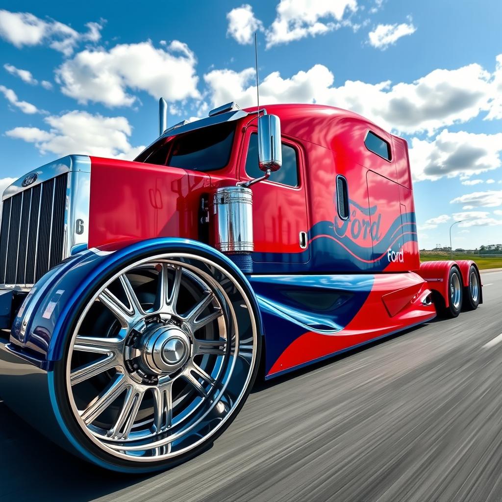 A cutting-edge semi-truck featuring custom-made Ford rims and wheels